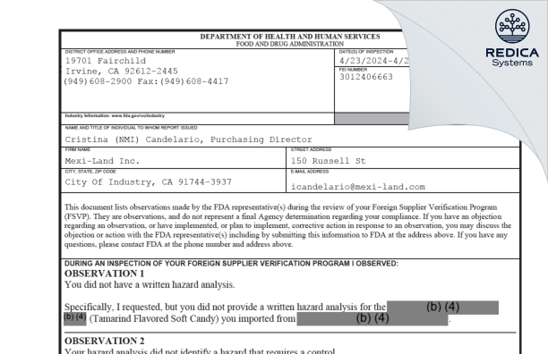 FDA 483 - Mexi-Land Inc. [City Of Industry / United States of America] - Download PDF - Redica Systems