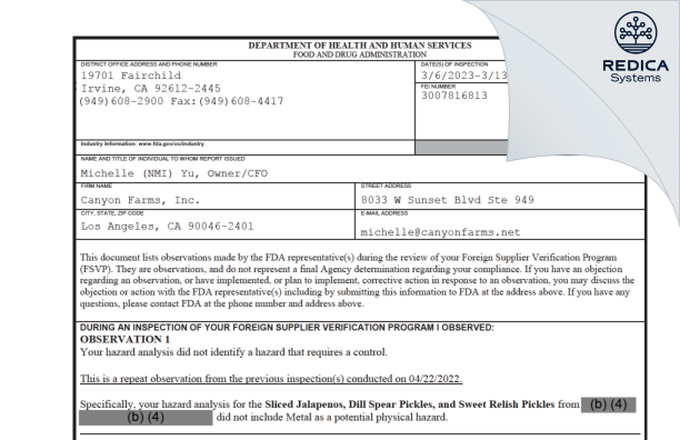 FDA 483 - Canyon Farms, Inc. [Los Angeles / United States of America] - Download PDF - Redica Systems