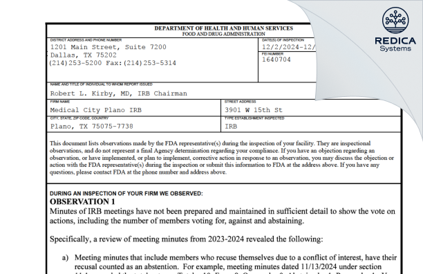 FDA 483 - The Medical Center of Plano IRB [Plano / United States of America] - Download PDF - Redica Systems