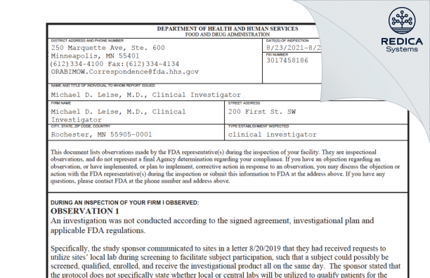 FDA 483 - Michael D. Leise, M.D., Clinical Investigator [Rochester / United States of America] - Download PDF - Redica Systems