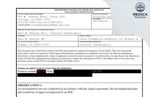 FDA 483 - Paul Arnold, MD [Urbana / United States of America] - Download PDF - Redica Systems