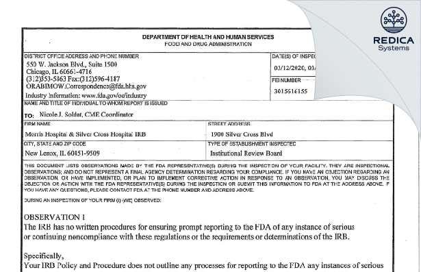 FDA 483 - Morris Hospital and Silver Cross Hospital IRB [New Lenox / United States of America] - Download PDF - Redica Systems