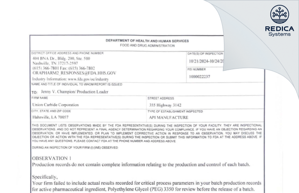 FDA 483 - Union Carbide Corporation [Hahnville / United States of America] - Download PDF - Redica Systems