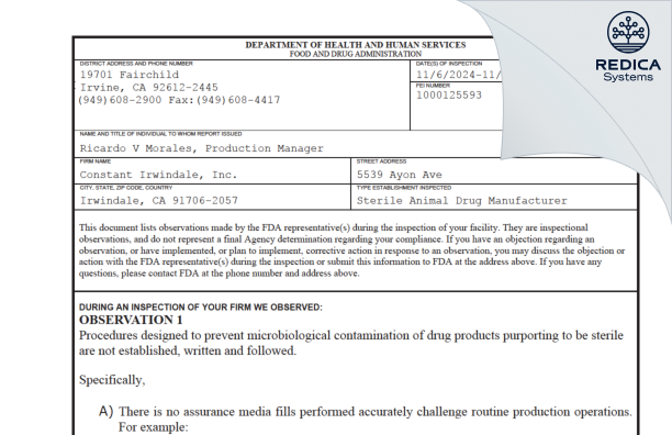 FDA 483 - Constant Irwindale Inc. [Irwindale / United States of America] - Download PDF - Redica Systems