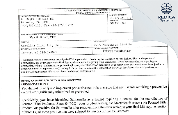 FDA 483 - Carolina Prime Pet, Inc. [Lenoir / United States of America] - Download PDF - Redica Systems