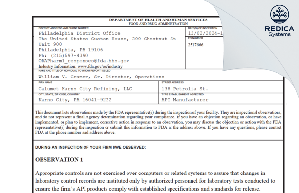 FDA 483 - Calumet Karns City Refining LLC [Karns City / United States of America] - Download PDF - Redica Systems