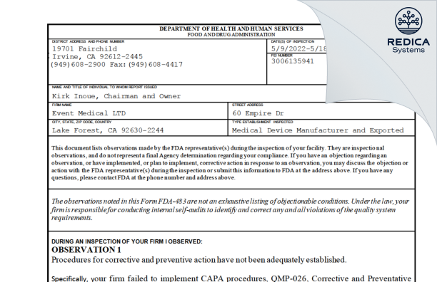 FDA 483 - Event Medical LTD [Lake Forest / United States of America] - Download PDF - Redica Systems