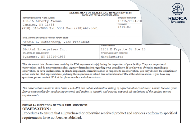 FDA 483 - Glottal Enterprises Inc. [Syracuse / United States of America] - Download PDF - Redica Systems