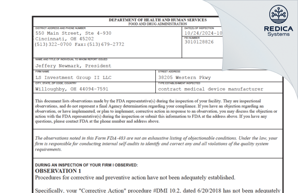 FDA 483 - LS Investment Group II LLC [Willoughby / United States of America] - Download PDF - Redica Systems