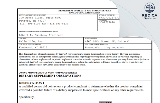 FDA 483 - Hello Life, Inc. [Grand Rapids / United States of America] - Download PDF - Redica Systems