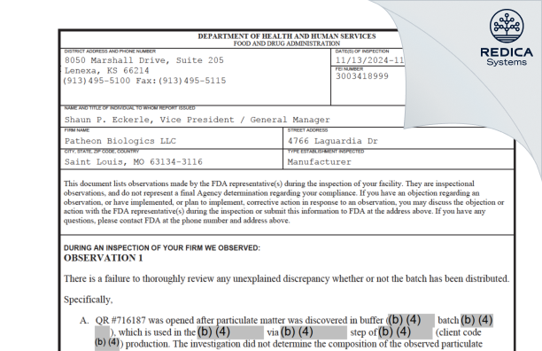 FDA 483 - Patheon Biologics LLC [Saint Louis / United States of America] - Download PDF - Redica Systems