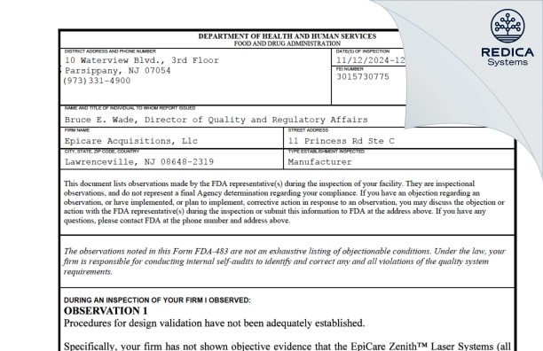 FDA 483 - Epicare Acquisitions, Llc [Lawrence Township / United States of America] - Download PDF - Redica Systems