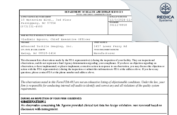 FDA 483 - Advanced Tactile Imaging, Inc. [Ewing / United States of America] - Download PDF - Redica Systems