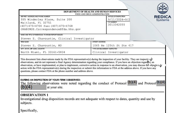 FDA 483 - Steven E. Chavoustie MD [North Miami / United States of America] - Download PDF - Redica Systems