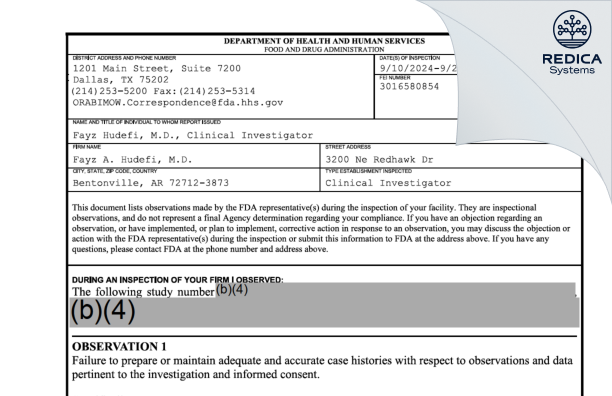 FDA 483 - Fayz A. Hudefi, M.D. [Bentonville / United States of America] - Download PDF - Redica Systems