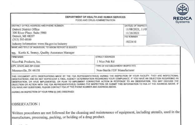 FDA 483 - Nice-Pak Products, Inc. [Mooresville / United States of America] - Download PDF - Redica Systems