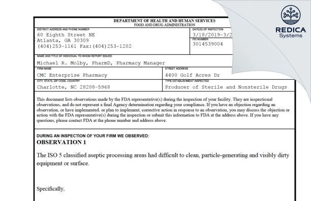 FDA 483 - CMC Enterprise Pharmacy [Charlotte / United States of America] - Download PDF - Redica Systems