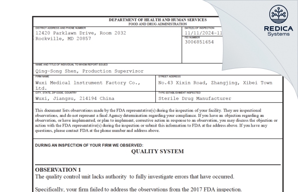 FDA 483 - Wuxi Medical Instrument Factory Co., Ltd [Zhangjing / China] - Download PDF - Redica Systems