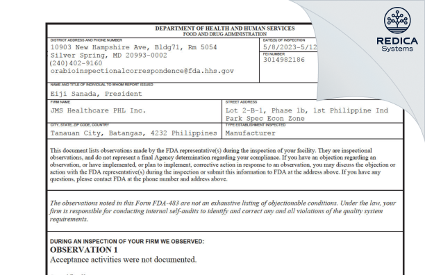 FDA 483 - Hans Biomed Corporation [Gil-Dong / Korea (Republic of)] - Download PDF - Redica Systems