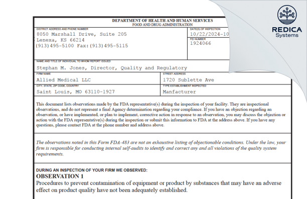 FDA 483 - Allied Medical LLC [Saint Louis / United States of America] - Download PDF - Redica Systems