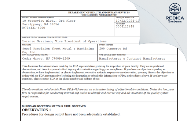 FDA 483 - Jewel Precision Sheet Metal & Machining, Inc. [Cedar Grove / United States of America] - Download PDF - Redica Systems