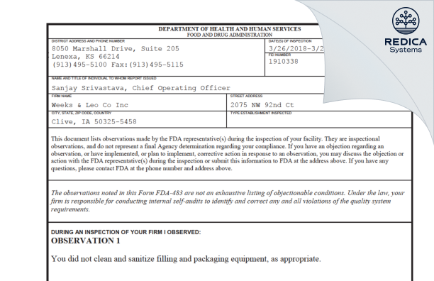 FDA 483 - Weeks & Leo Co., Inc. [Clive / United States of America] - Download PDF - Redica Systems