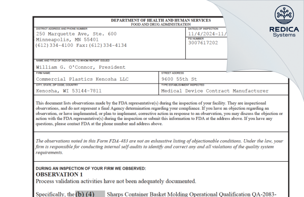 FDA 483 - Commercial Plastics LLC [Kenosha / United States of America] - Download PDF - Redica Systems