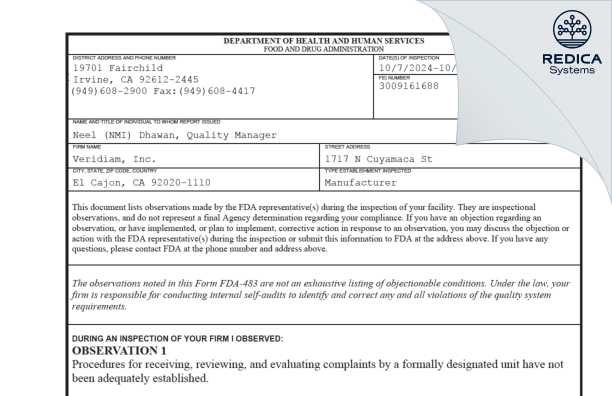 FDA 483 - Veridiam, Inc. [El Cajon / United States of America] - Download PDF - Redica Systems