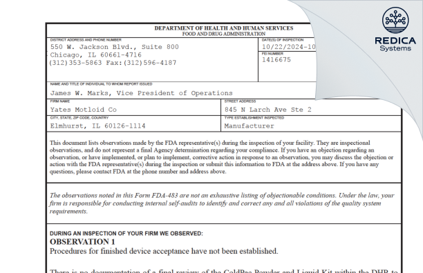 FDA 483 - Yates Motloid Co [Chicago / United States of America] - Download PDF - Redica Systems