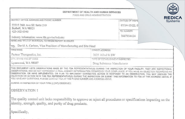 FDA 483 - Partner Therapeutics, Inc. [Lynnwood / United States of America] - Download PDF - Redica Systems