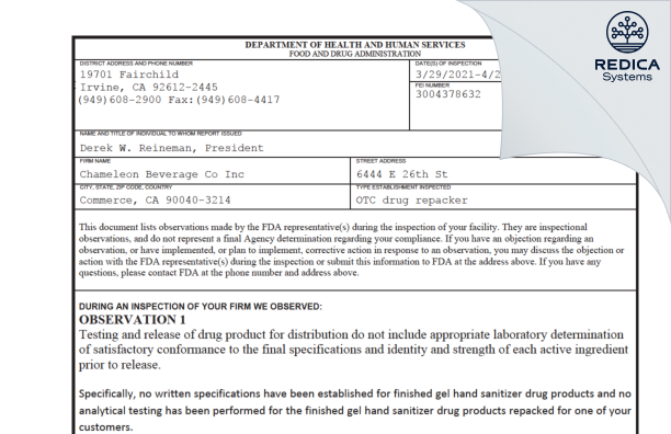 FDA 483 - Chameleon Beverage Co Inc [Los Angeles / United States of America] - Download PDF - Redica Systems