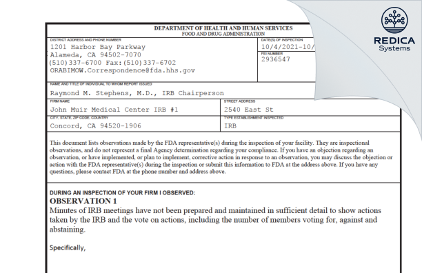 FDA 483 - John Muir Medical Center IRB #1 [Concord / United States of America] - Download PDF - Redica Systems