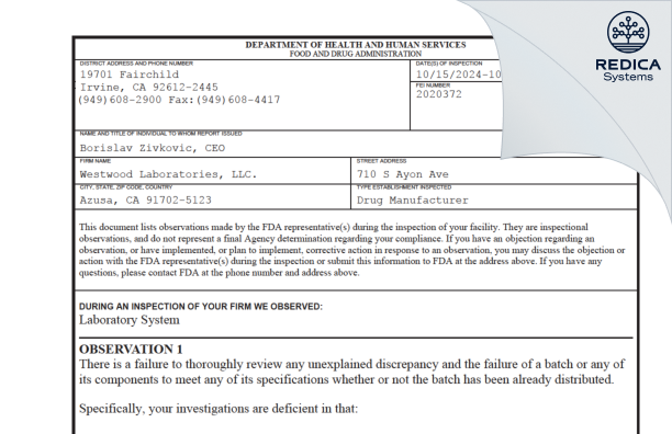 FDA 483 - Westwood Laboratories, LLC. [Azusa / United States of America] - Download PDF - Redica Systems