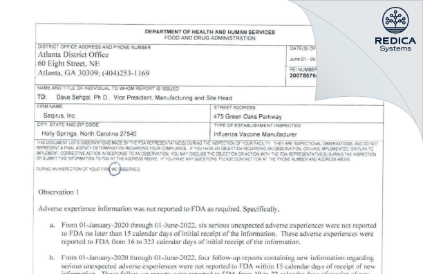 FDA 483 - Seqirus, Inc [Holly Springs / United States of America] - Download PDF - Redica Systems