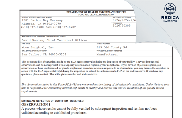 FDA 483 - MOON SURGICAL, INC. [San Carlos / United States of America] - Download PDF - Redica Systems