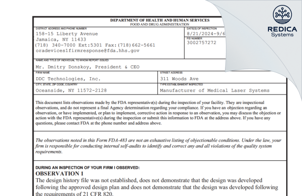 FDA 483 - DDC Technologies Inc. [Oceanside / United States of America] - Download PDF - Redica Systems