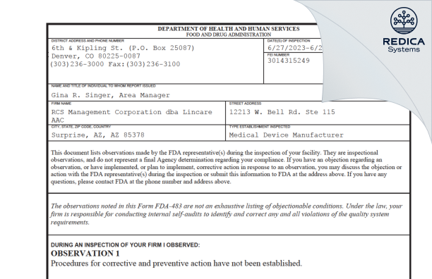 FDA 483 - RCS Management Corporation dba Lincare AAC [Surprise / United States of America] - Download PDF - Redica Systems