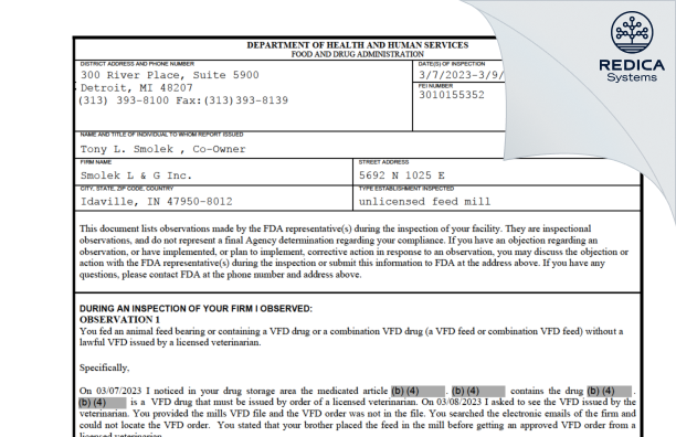 FDA 483 - Smolek L & G, INC. [Idaville / United States of America] - Download PDF - Redica Systems