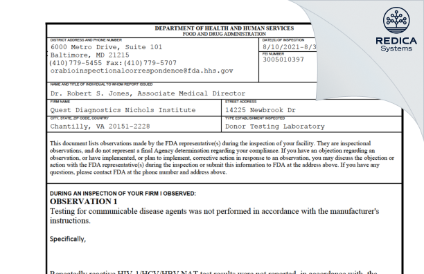 FDA 483 - Quest Diagnostics Nichols Institute [Chantilly / United States of America] - Download PDF - Redica Systems