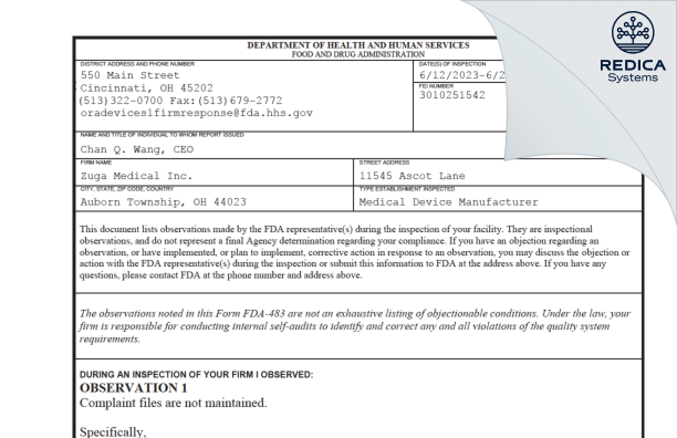 FDA 483 - Zuga Medical Inc. [Chagrin Falls / United States of America] - Download PDF - Redica Systems