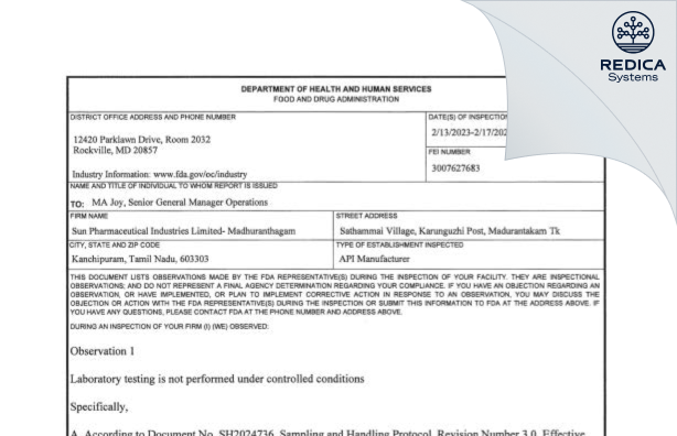 FDA 483 - Sun Pharmaceutical Industries Limited [Karunguzhi / India] - Download PDF - Redica Systems