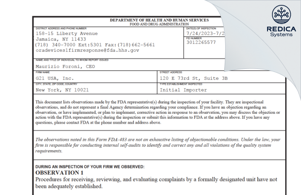 FDA 483 - G21 USA, Inc. [New York / United States of America] - Download PDF - Redica Systems