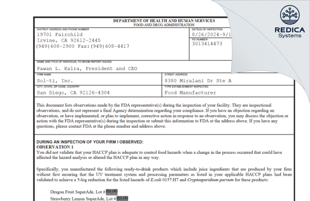 FDA 483 - Sol-ti Inc. [San Diego / United States of America] - Download PDF - Redica Systems