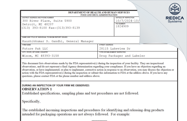 FDA 483 - Future Pak LLC [Wixom / United States of America] - Download PDF - Redica Systems