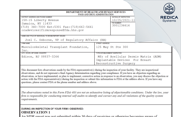 FDA 483 - Musculoskeletal Transplant Foundation, Inc. [Edison / United States of America] - Download PDF - Redica Systems