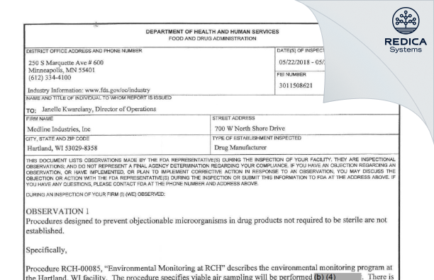 FDA 483 - Medline Industries, LP (f/k/a Medline Industries, Inc.) [Hartland / United States of America] - Download PDF - Redica Systems