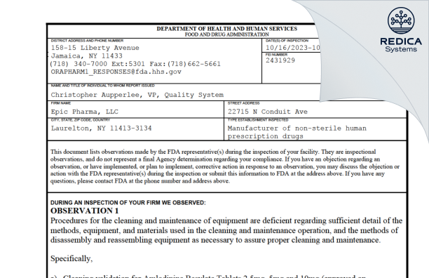 FDA 483 - Epic Pharma, LLC [Springfield Gardens / United States of America] - Download PDF - Redica Systems