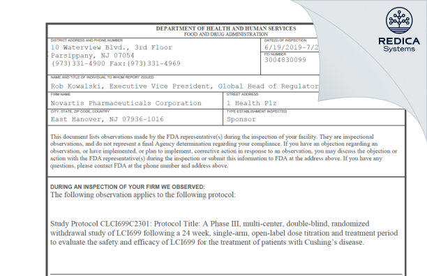 FDA 483 Response - Novartis Pharmaceuticals Corporation [East Hanover / United States of America] - Download PDF - Redica Systems