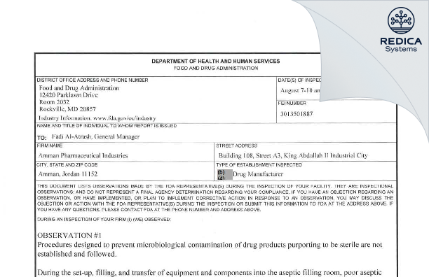 FDA 483 - AMMAN PHARMACEUTICAL INDUSTRIES [Amman / Jordan] - Download PDF - Redica Systems