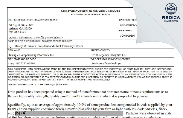 FDA 483 - Triangle Compounding Pharmacy Inc [Cary / United States of America] - Download PDF - Redica Systems